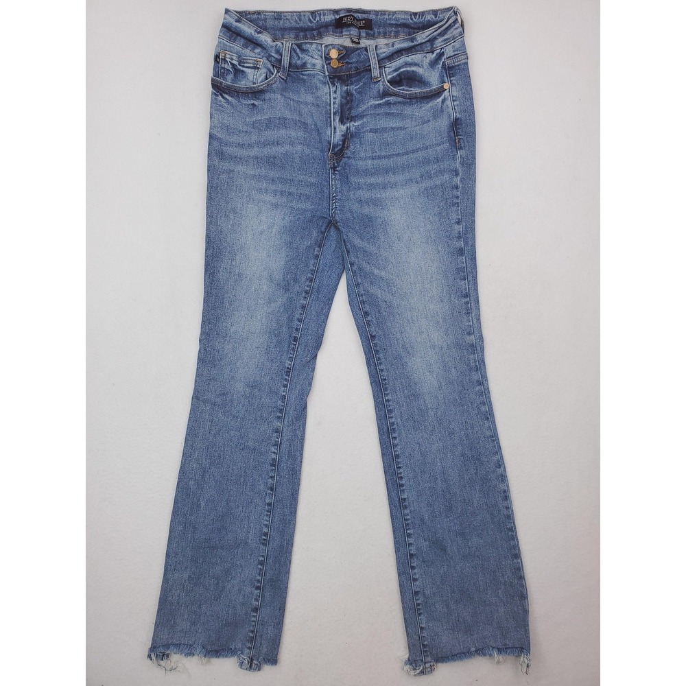 Judy Blue Jeans Womens 31 Blue Bootcut Double Button Raw Hem Distressed Stretch‎
